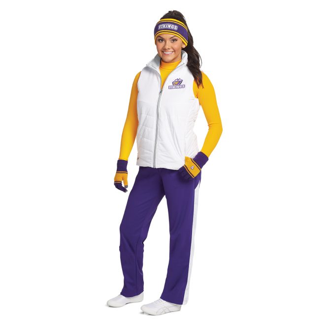 custom white port authority puffy vest front view over yellow long sleeve paired with purple pants and purple/yellow headband and gloves