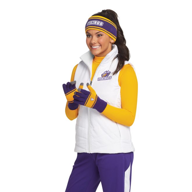 custom white port authority puffy vest front view over yellow long sleeve paired with purple pants and purple/yellow headband and gloves