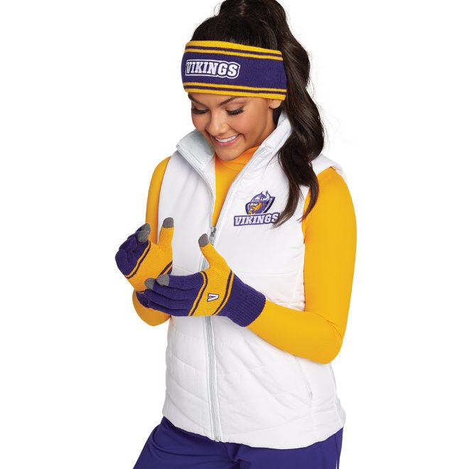 custom white port authority puffy vest front view over yellow long sleeve paired with purple pants and purple/yellow headband and gloves