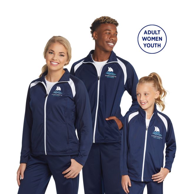 adult, women, and youth options for navy/white custom sport tek tricot track jacket front view