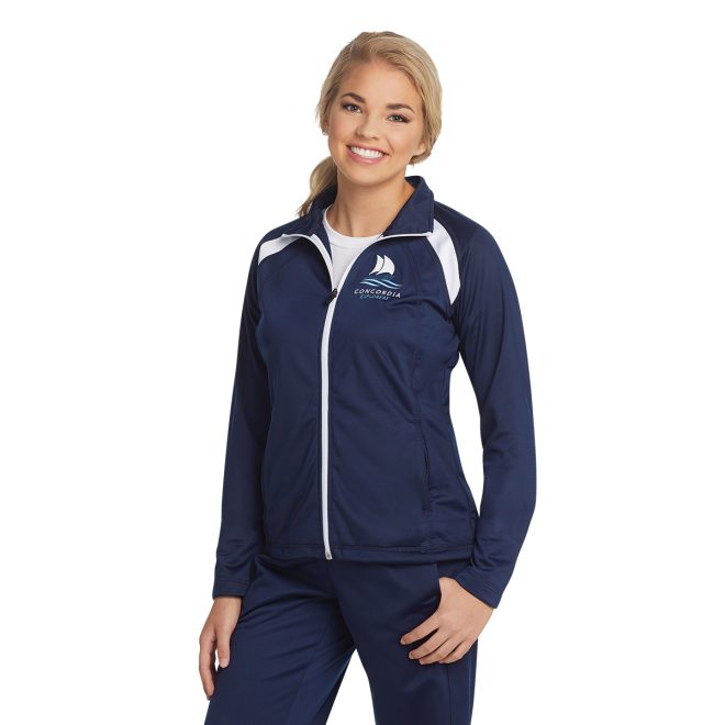 custom navy/white sport tek tricot track jacket front view