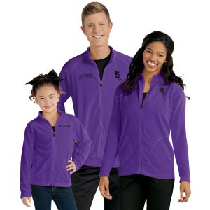 males, female, and child model wearing purple fleece athletic jackets, front view