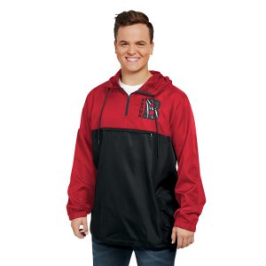 Male model wearing a red/black Pennant Color Block Anorak Warm-up Jacket, front view