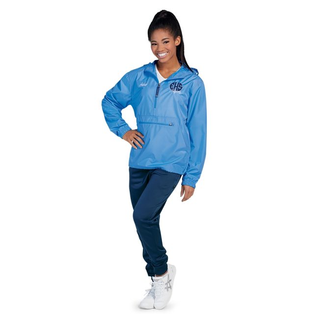 custom carolina charles river pack-n-go pullover with hood front view paired with navy pants
