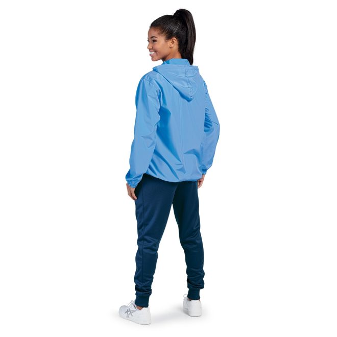 carolina charles river pack-n-go pullover with hood back view paired with navy pants