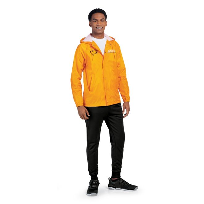 black pennant performance jogger pants front view paired with custom yellow hooded jacket