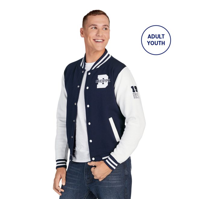 custom navy/white awdis letterman jacket front view