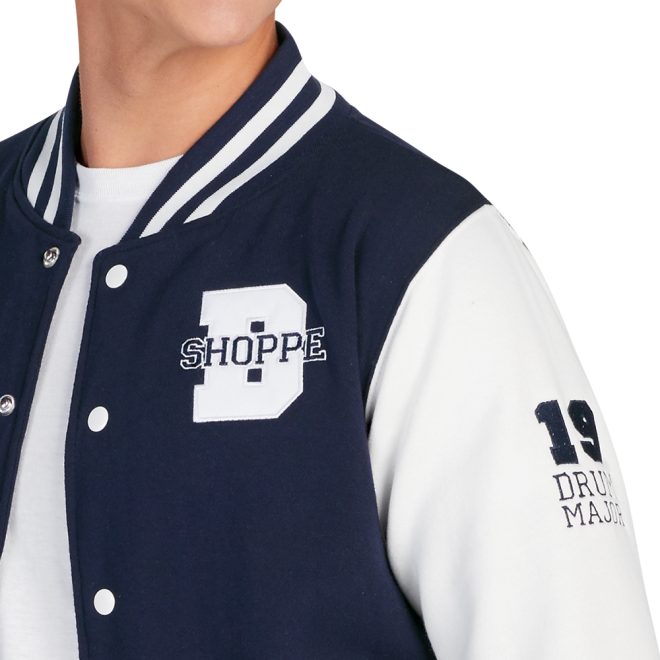 custom navy/white awdis letterman jacket front view