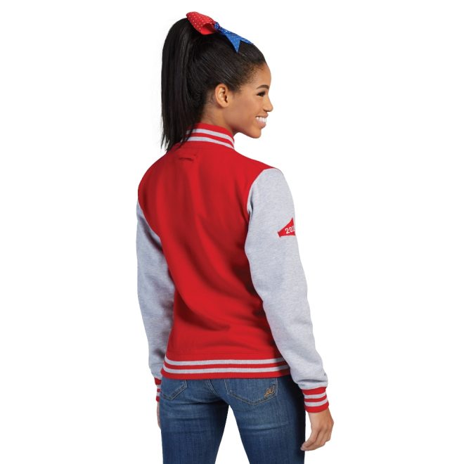 custom red/grey awdis letterman jacket back view