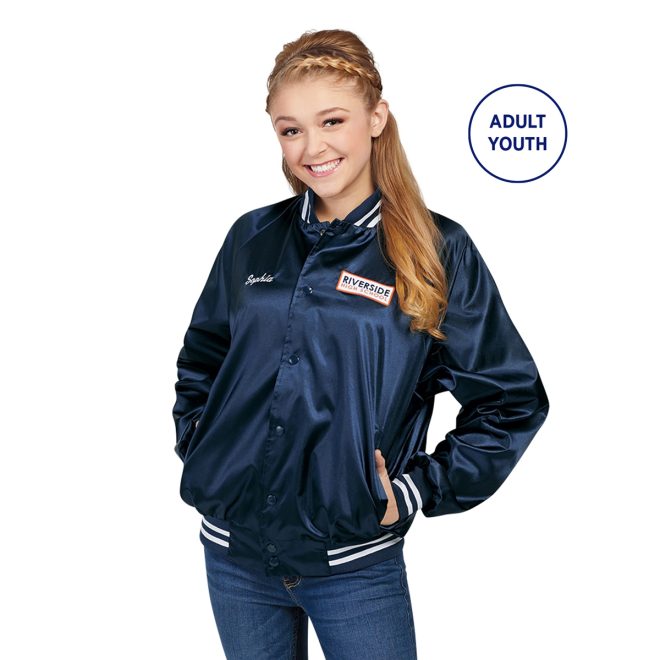 custom navy/white augusta satin baseball jacket front view