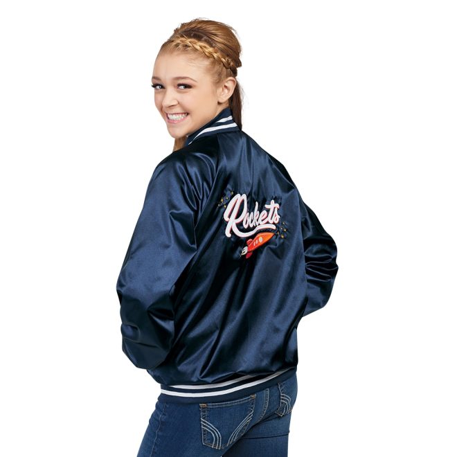 custom navy/white augusta satin baseball jacket back view