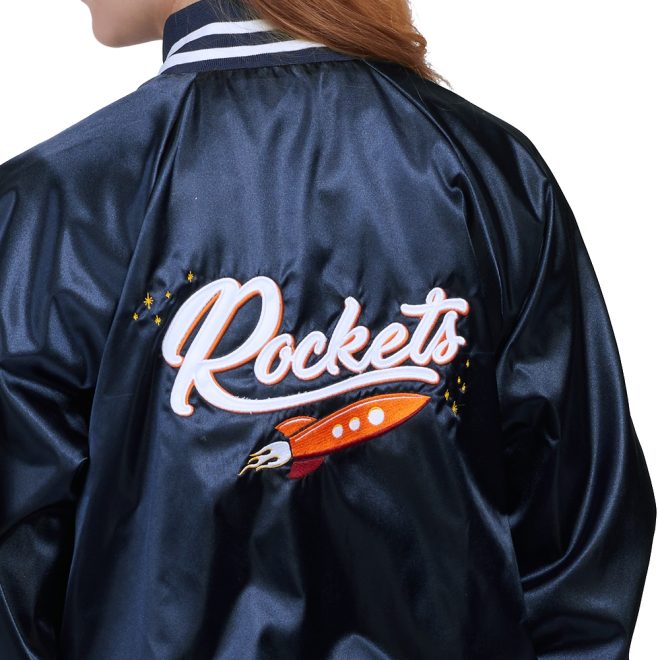 custom navy/white augusta satin baseball jacket back view