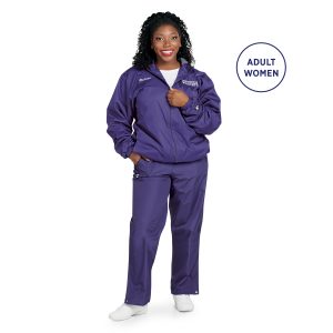 purple champion trailblazer warm up pant front view paired with purple zip up jacket