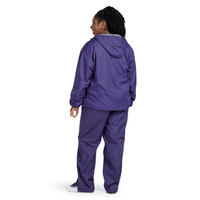 purple champion trailblazer warm up pant back view paired with purple zip up jacket