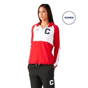 custom red/white women asics stretch woven track top front view