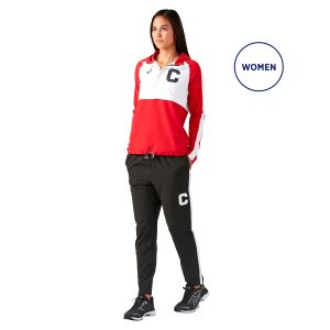 black/white women asics stretch woven track pant front view paired with red/white custom track top