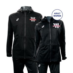 adult and women custom black asics team rain jacket front view