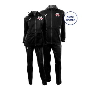 adult and women black asics team rain pant front view paired with custom black jacket