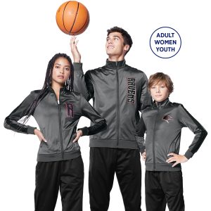 custom graphite/black sport tek stripe tricot track jacket on man, woman, and youth model front view