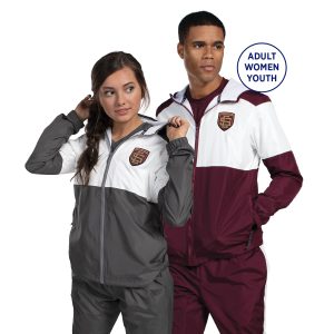 adult and women holloway series x warm up jacket in different colors. 1. custom maroon/white holloway series x warm up hooded jacket front view paired with custom maroon/white pants. 2. custom carbon holloway series x warm up hooded jacket front view paired with custom carbon/white pants on model