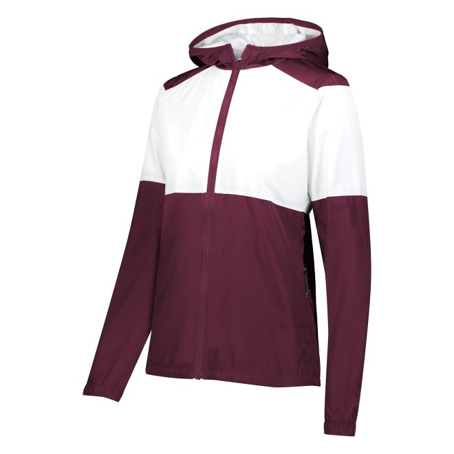 women maroon/white holloway series x warm up jacket with hood front view