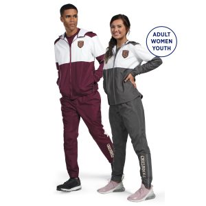 adult and women holloway series x warm up pant in different colors. 1. custom maroon/white holloway series x warm up pant front view paired with custom maroon/white hooded jacket. 2. custom carbon holloway series x warm up pant front view paired with custom carbon/white hooded jacket on model