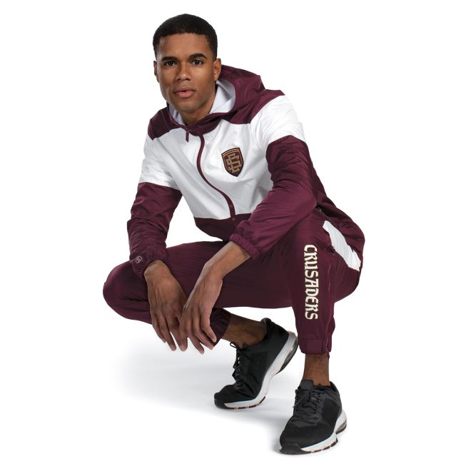 custom maroon/white holloway series x warm up pant front view paired with custom maroon/white hooded jacket