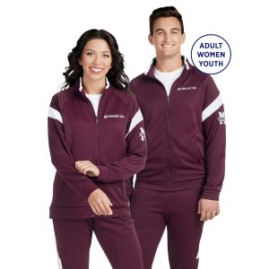 man and woman custom maroon/white holloway limitless jacket front view paired with maroon/white pants on models
