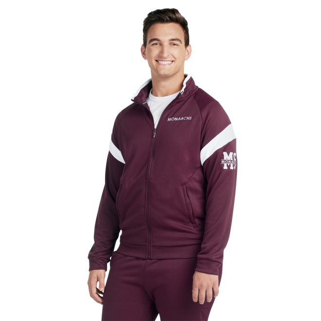 custom maroon/white holloway limitless jacket front view paired with maroon/white pants