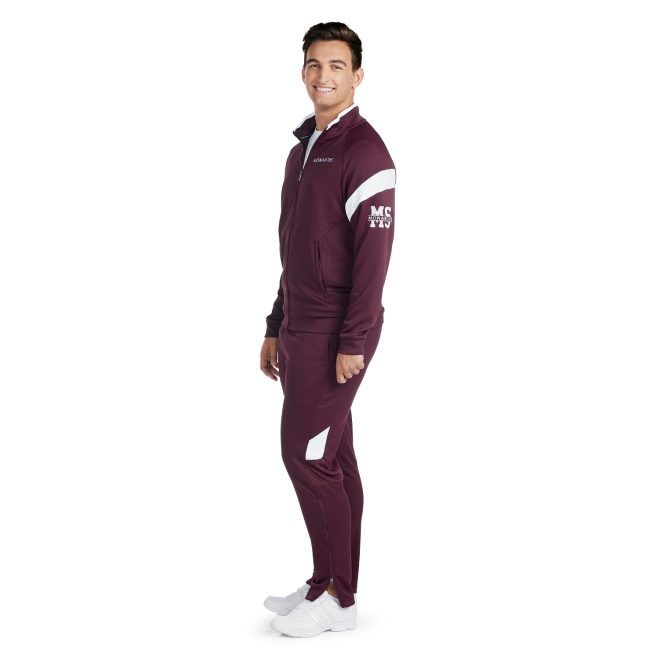 custom maroon/white holloway limitless jacket side view paired with maroon/white pants