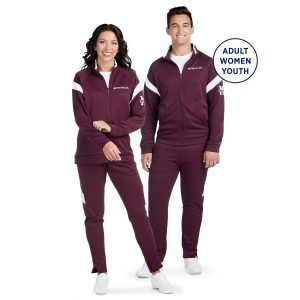 man and woman maroon/white holloway limitless pant back view paired with custom maroon/white jacket on models