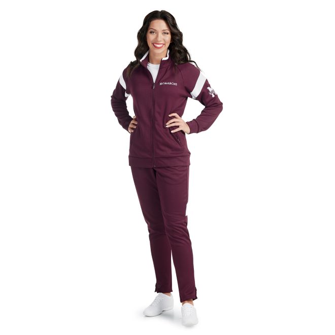 maroon/white holloway limitless pant front view paired with custom maroon/white jacket on model