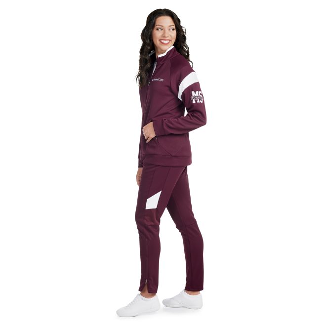 maroon/white holloway limitless pant side view paired with custom maroon/white jacket on model