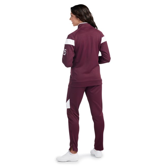 maroon/white holloway limitless pant back view paired with custom maroon/white jacket on model