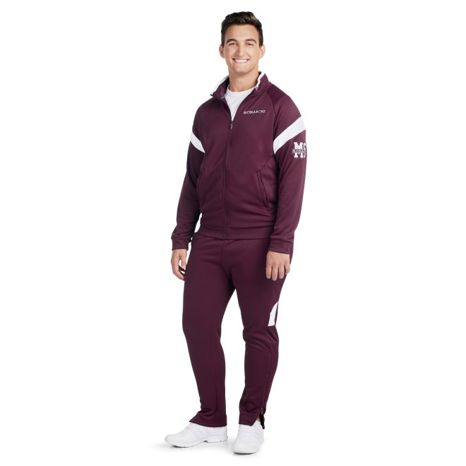 maroon/white holloway limitless pant front view paired with custom maroon/white jacket on model