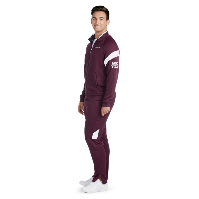 maroon/white holloway limitless pant side view paired with custom maroon/white jacket on model