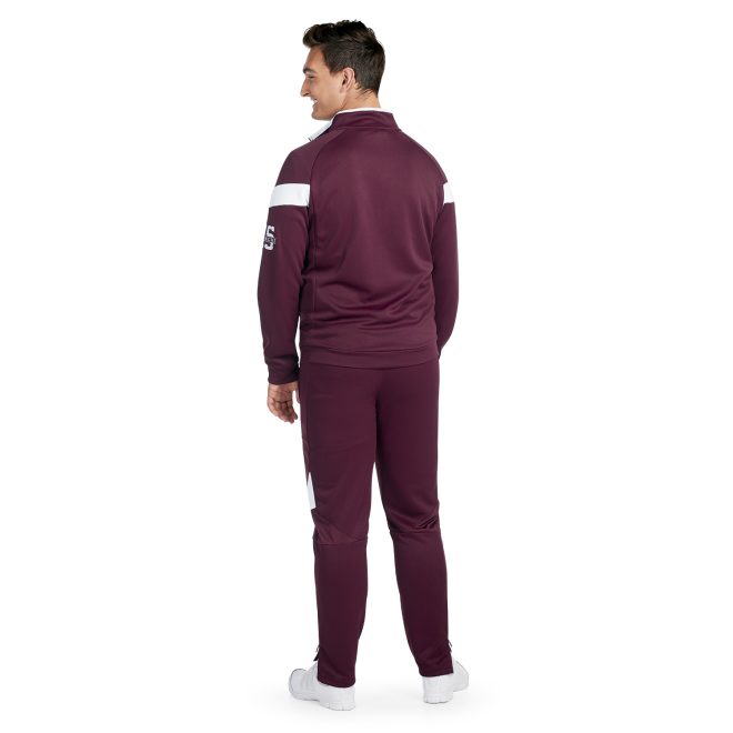 maroon/white holloway limitless pant back view paired with custom maroon/white jacket on model