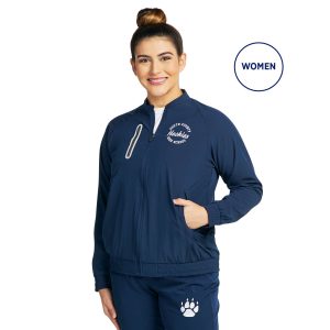 custom navy holloway ladies weld jacket with team name and mascot on left chest. Paired with navy sweatpants with paw print on top left front view on model