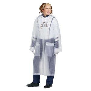 economy vinyl raincoat over white and navy custom band uniform. Snap up front view on model