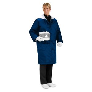 navy standard performer raincoat thinsulate lining front view. Paired with black pants holding black and white shako covered with hat cover