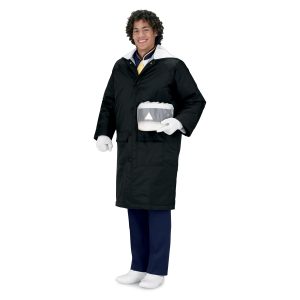 black standard performer raincoat activeaire lining front view. Paired with navy pants holding navy and white shako covered with hat cover