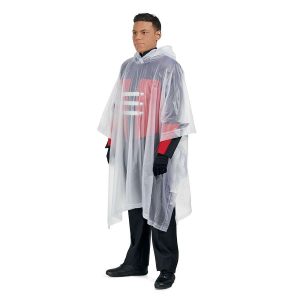 rainwear classics poncho with hood over custom red and black band uniform front view on model