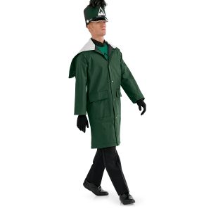 green standard performer raincoat unlined front view paired with green shako, black gloves and pants