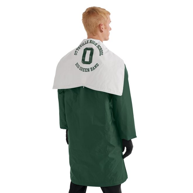 green standard performer raincoat unlined with white custom hood back view