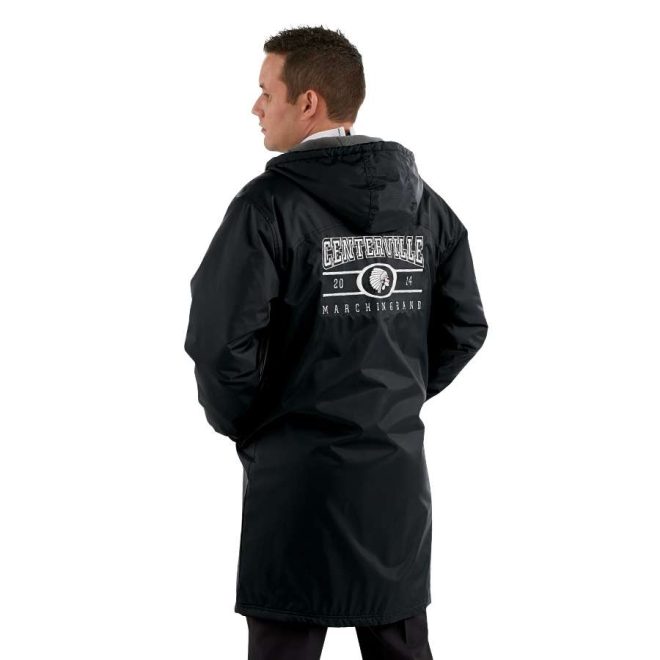 black custom holloway conquest jacket with white lettering on back. Back view on model