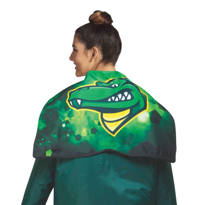 syleplus dye sublimated fashion hood. Green jacket with green hood with alligator mascot back view