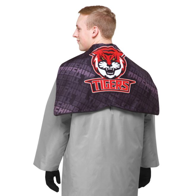 styleplus dye sublimated fashion hood. Grey jacket with black hood with purple lettering all over and tiger logo in middle back view