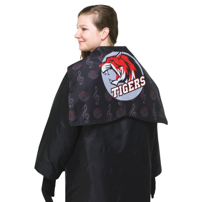 styleplus dye sublimated fashion hood. Black jacket with black hood with music notes and a grey circle with tiger logo back view