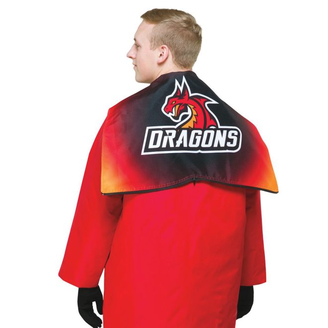 custom styleplus dye sublimated fashion hoods. Red jacket with black red and yellow hood with dragons logo back view