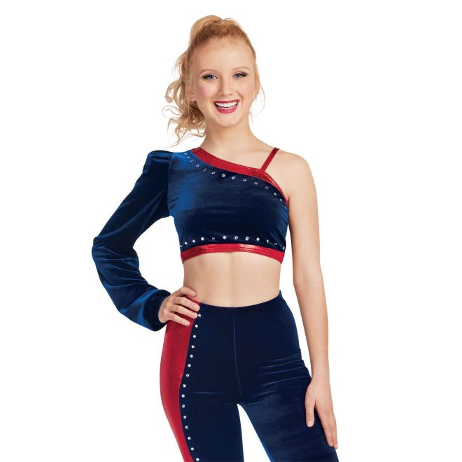 custom navy and red Crop Top with a Shoulder Strap on the Left and Puff Sleeve on the Right with matching leggings majorette uniform front view on model